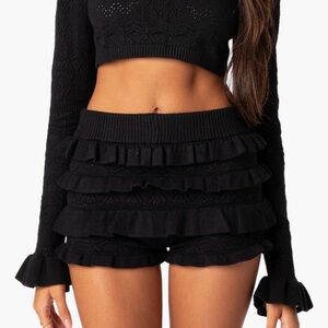 EDIKTED Delana Ruffle Cuff Pointelle Crop Sweater AND MATCHING SHORTS